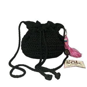 The Sak Crochet Drawstring Bucket Bag Crossbody Purse Black Pink Tassel Boho Y2K